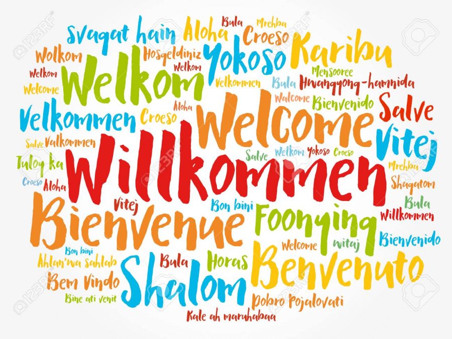 Willkommen, Welcome in German. Word cloud in different languages, conceptual background