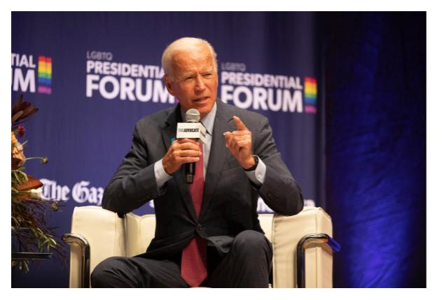 Former Vice President Joseph R. Biden Jr. at the L.G.B.T.Q. Presidential Forum in Cedar Rapids, Iowa. From Daniel Acker for The New York Times